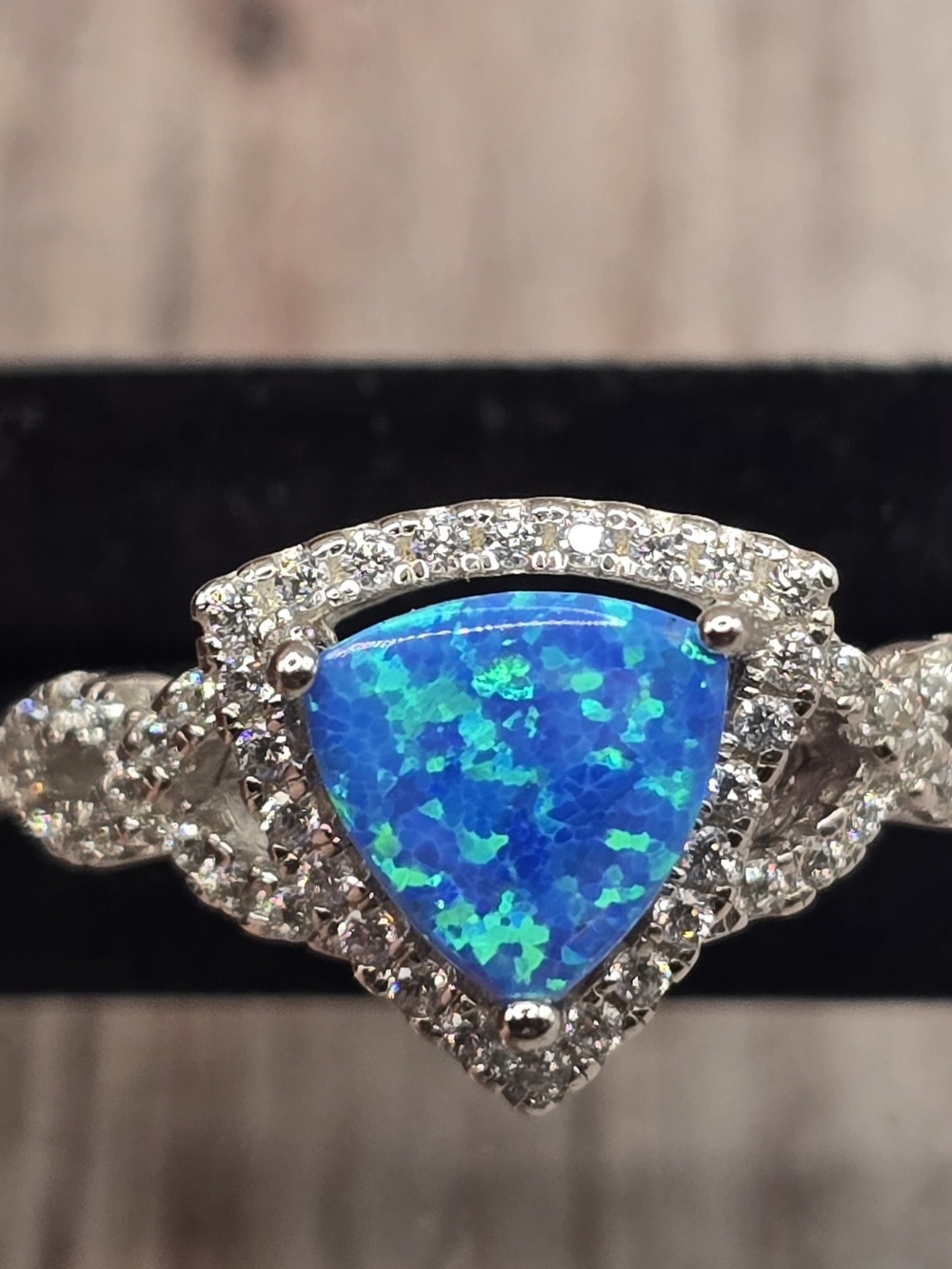 Blue Opal Halo Triangle Ring with Pavé Accents - Women Jewelry